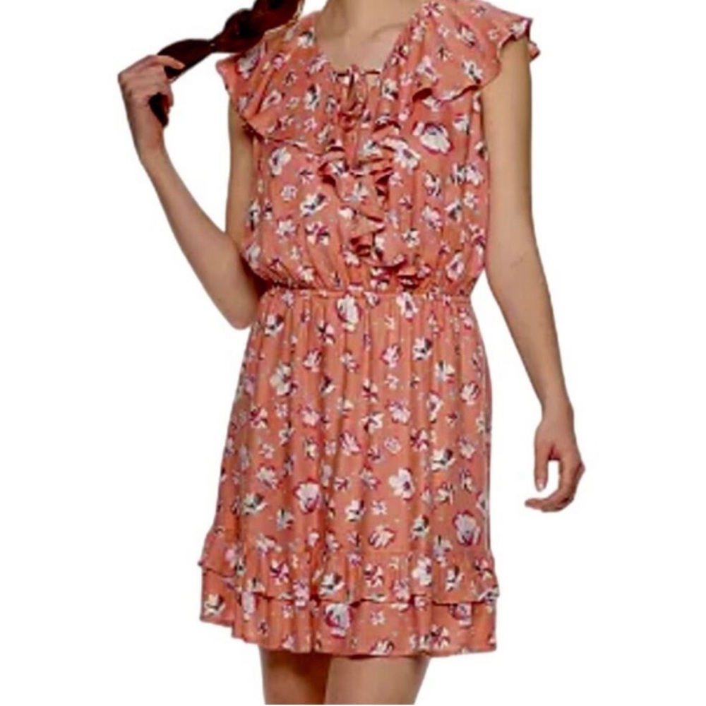 American Rag Pink Apricot Ruffle Floral Dress Sz S